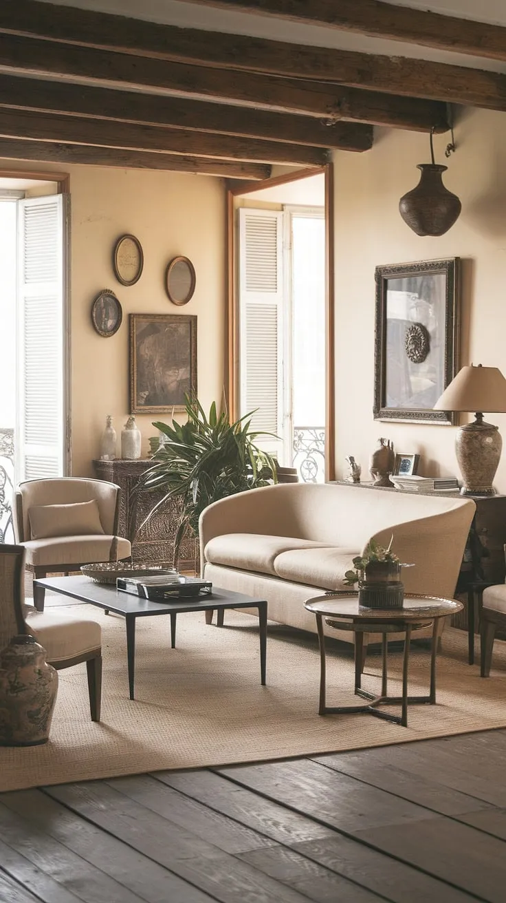 Elegant French country living blends antique charm with modern comfort in a sun-drenched space