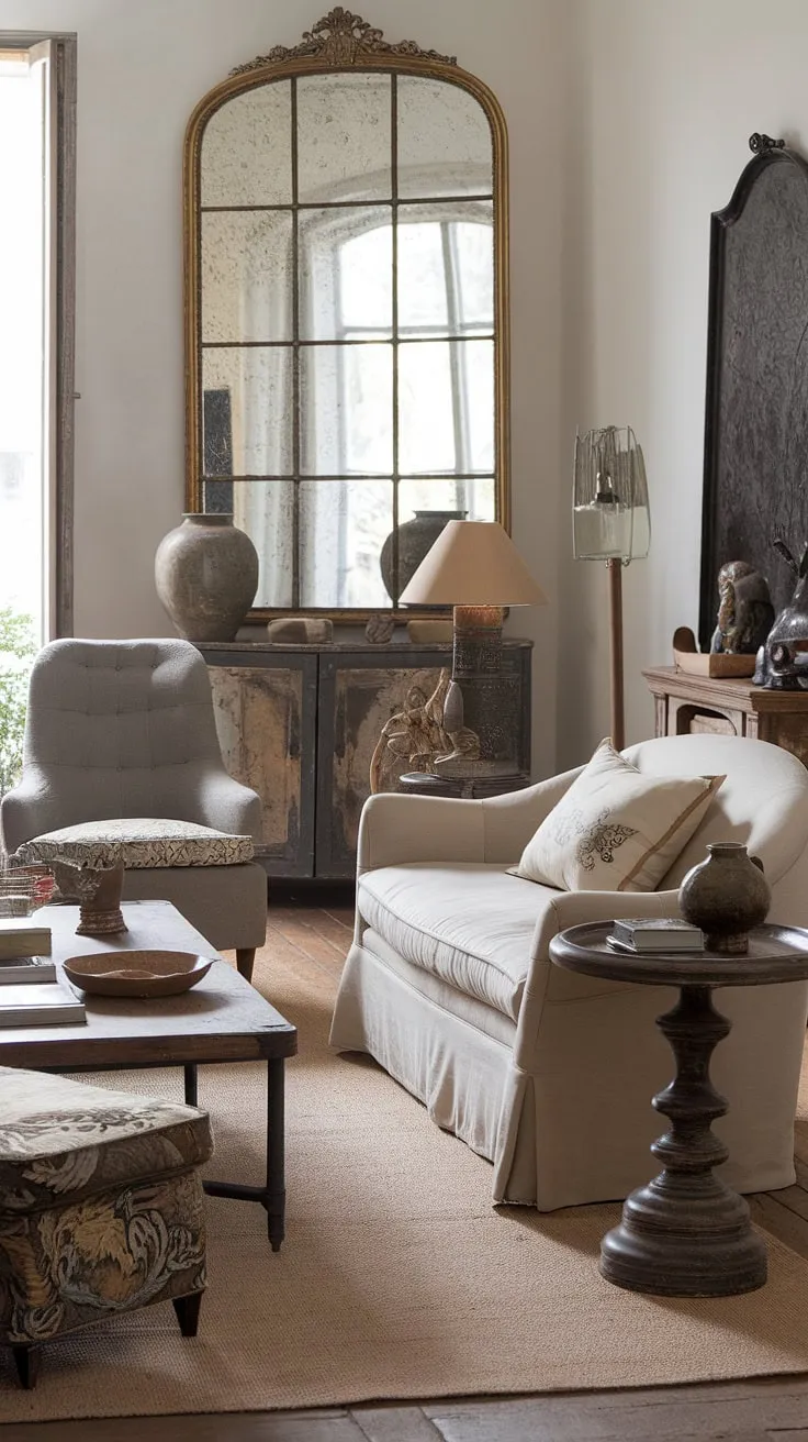 A chic, vintage French country living room exudes elegance and comfort through its antique decor and modern accents