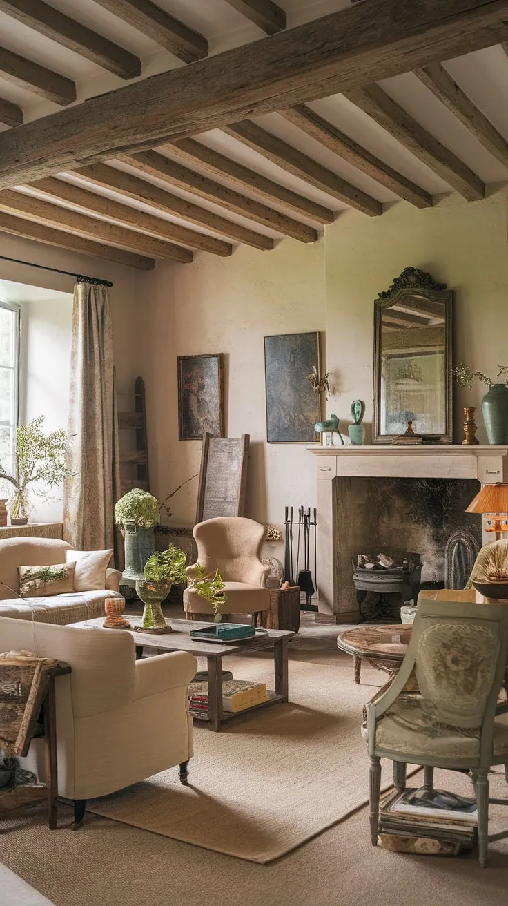 A vintage-inspired French country living room exudes warmth with antique accents and a stone fireplace.