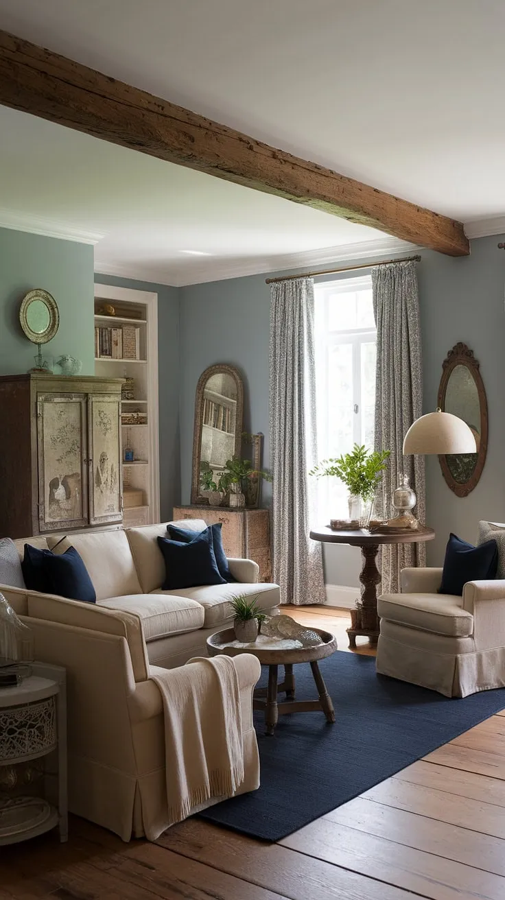 Elegant French country living blends vintage charm with modern touches in a soft blue-toned room