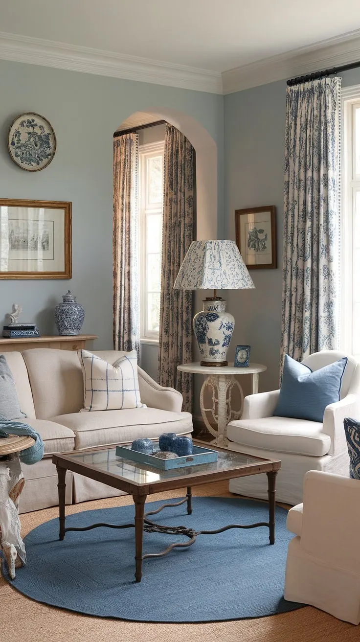 Elegant French country living room design blends vintage charm with modern touches in a soothing blue and beige palette