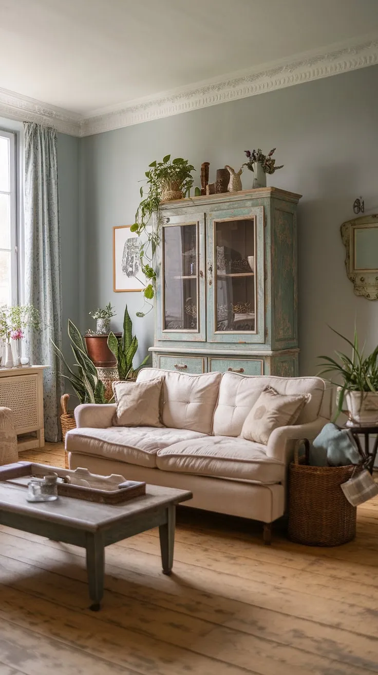 Elegant French country living blends vintage charm with modern touches in a light blue-walled haven