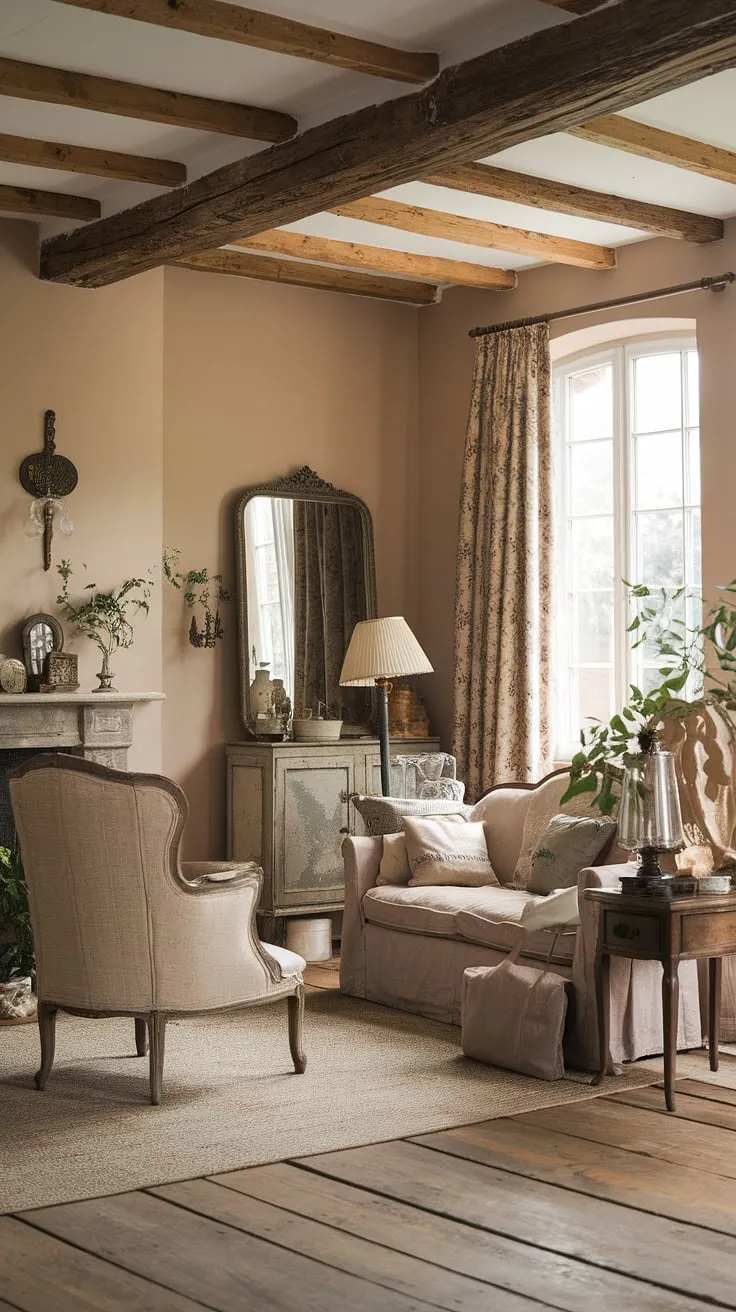 Rustic wooden beams, antique accents, and soft beige walls create a cozy French country living room ideal for relaxation.
