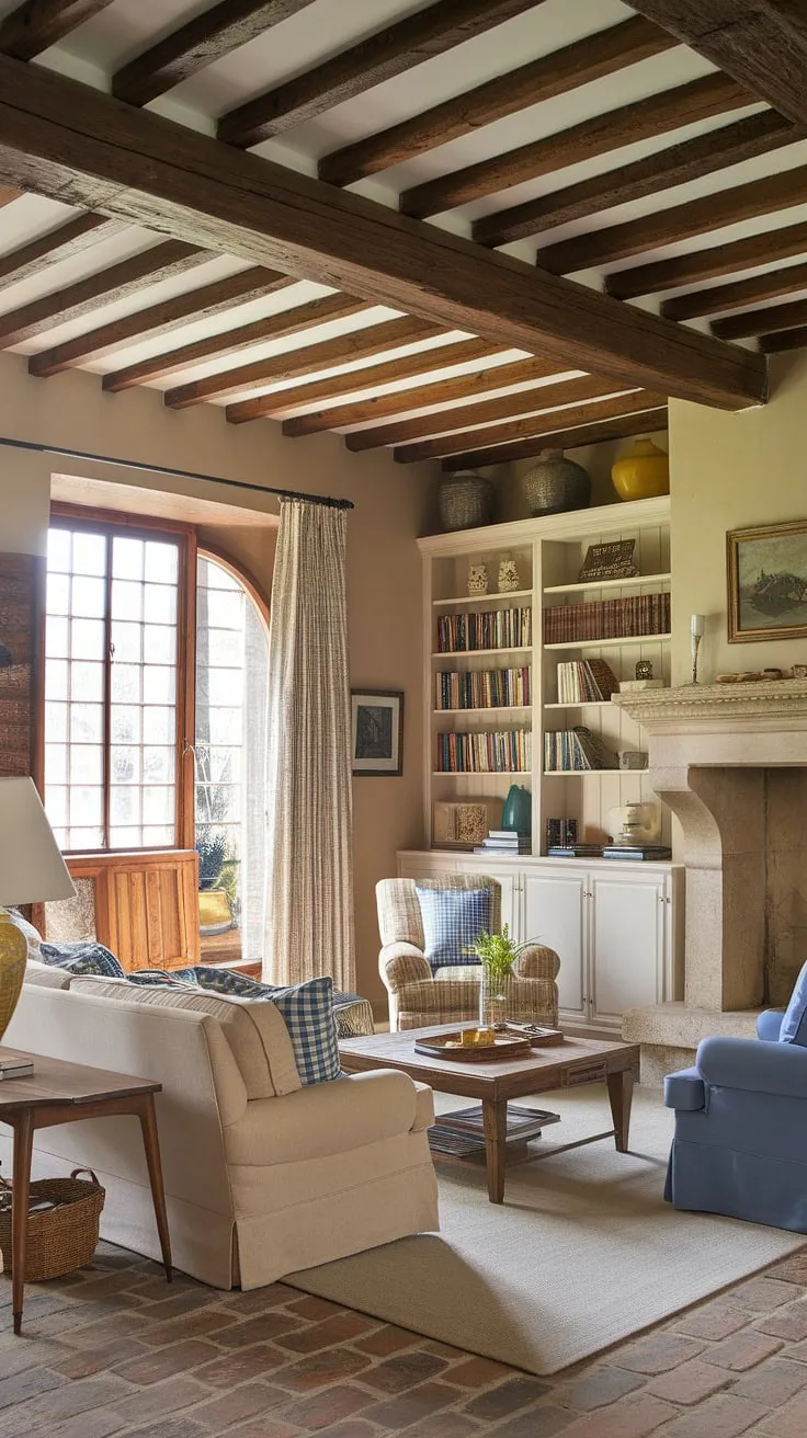 A charming French country living room evokes a vintage farmhouse feel with exposed beams, a stone fireplace, and eclectic furnishings.