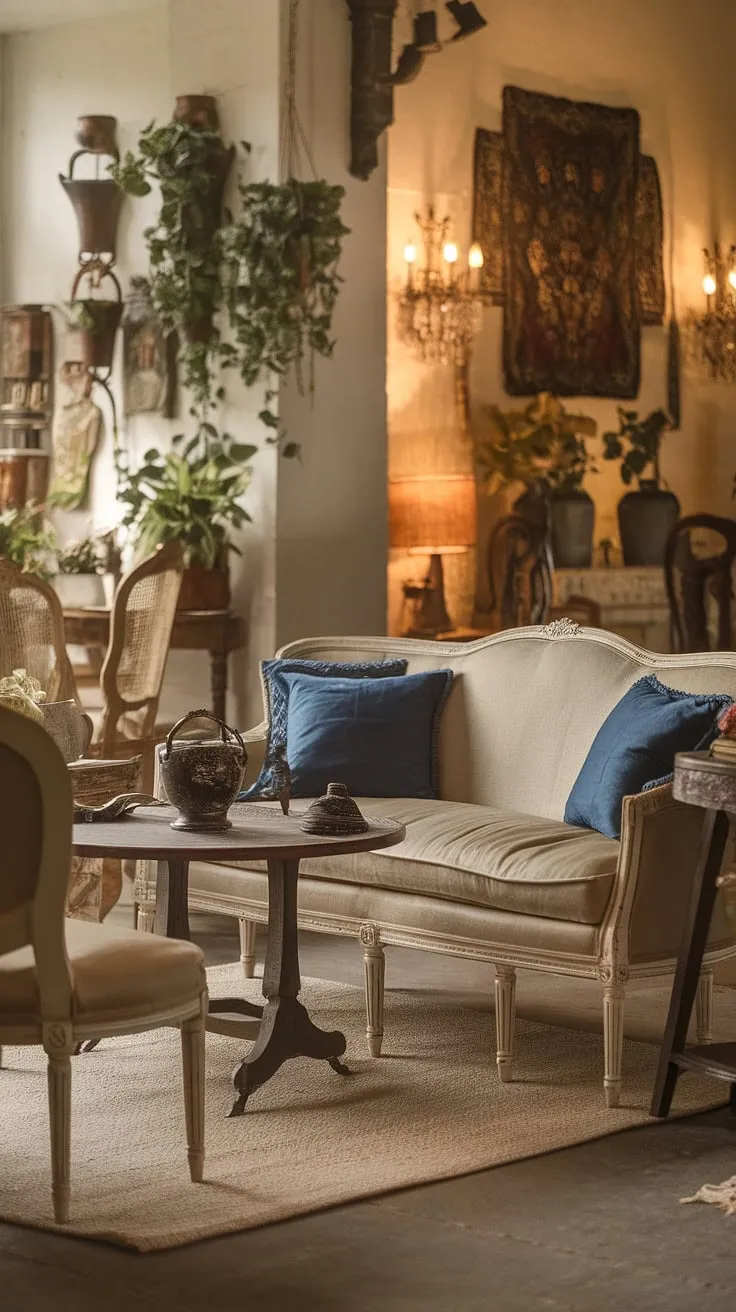 Warm lighting, antique décor, and comfortable seating create a cozy French country living room atmosphere.