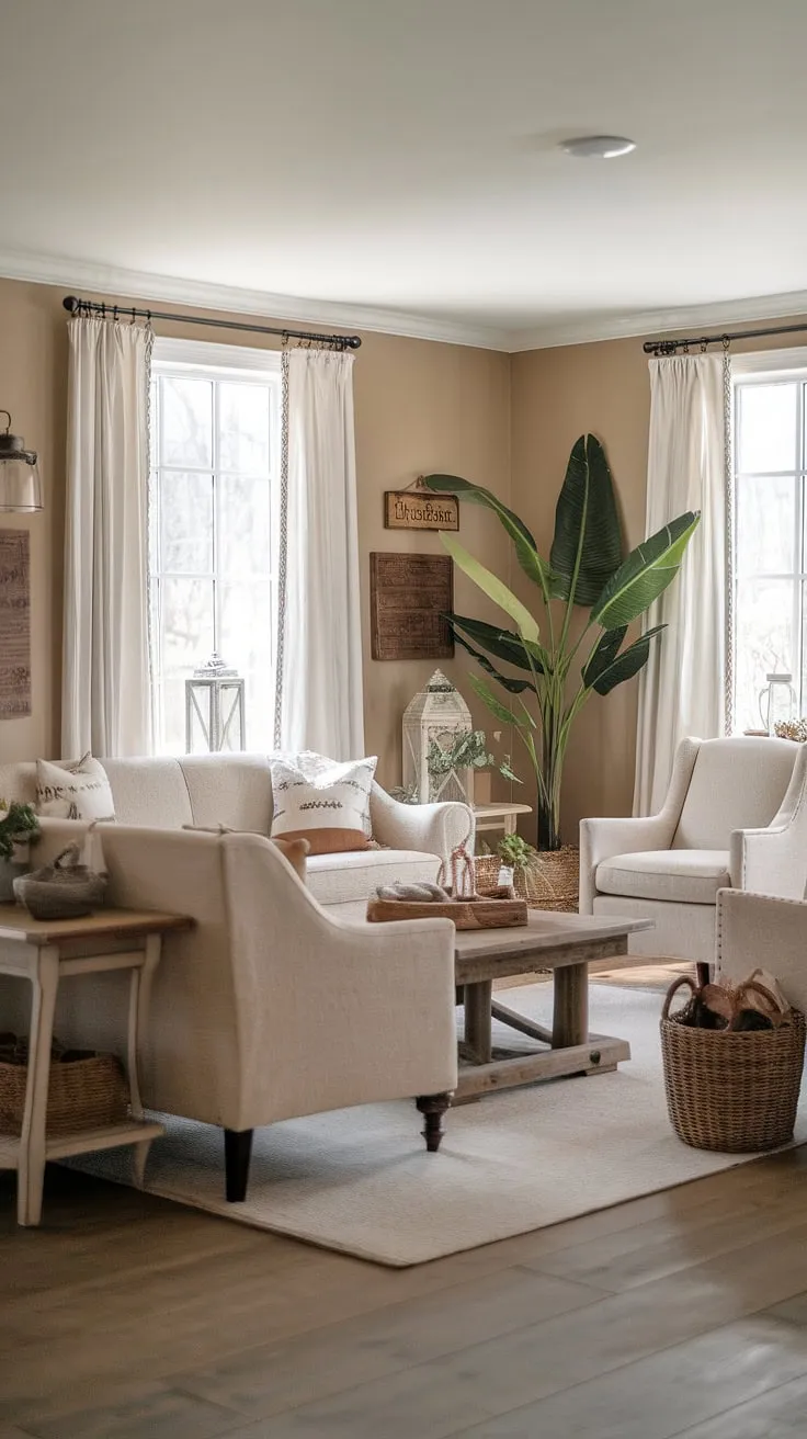 Beige walls and a beige sofa create a cozy, elegant French country living room with vintage farmhouse charm.