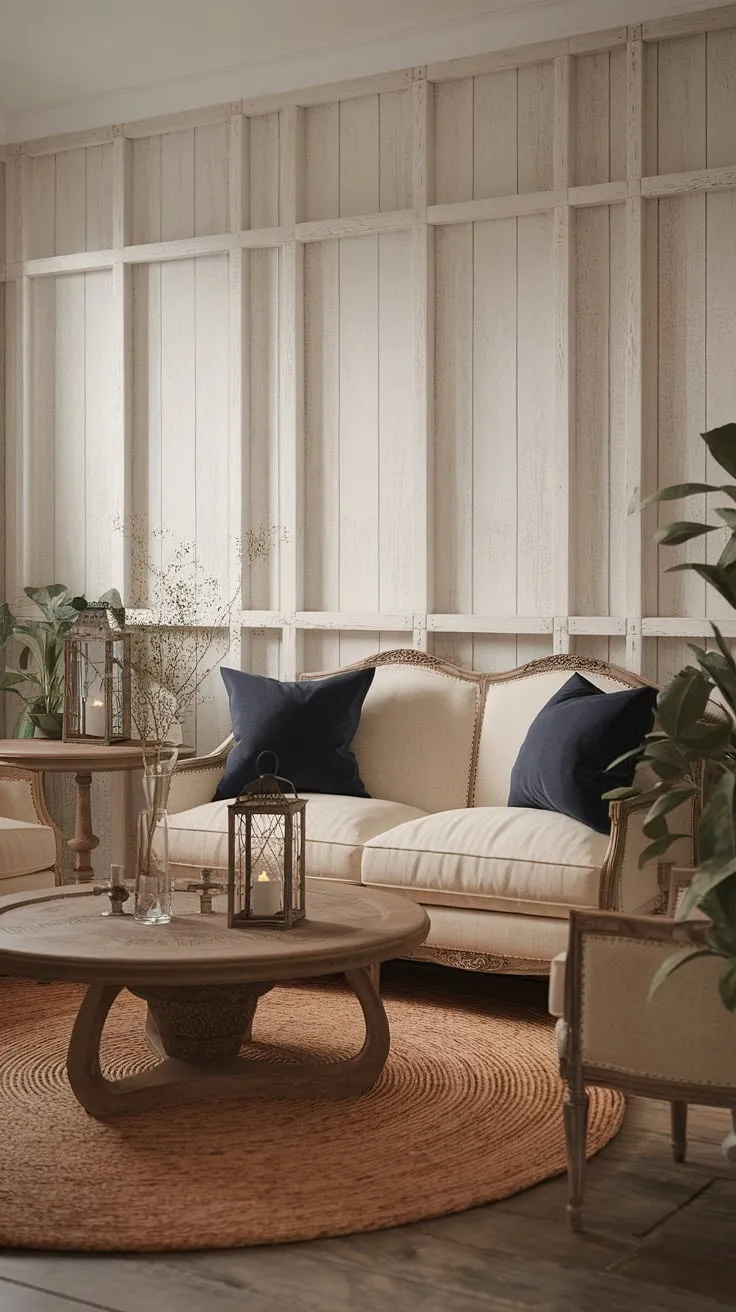 Elegant French country living room design blends vintage farmhouse charm with chic antique decor