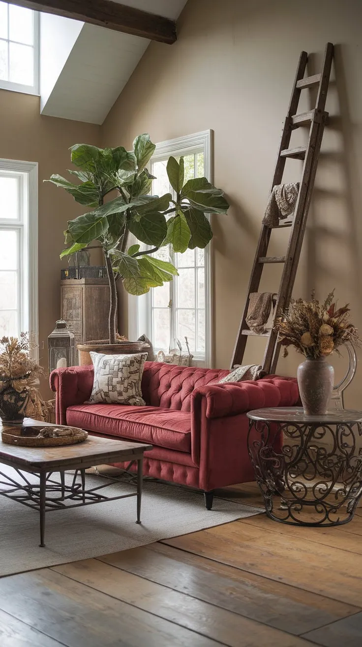 Antique charm and rustic elegance define this high-ceilinged French country living room, complete with plush seating and carefully curated décor.
