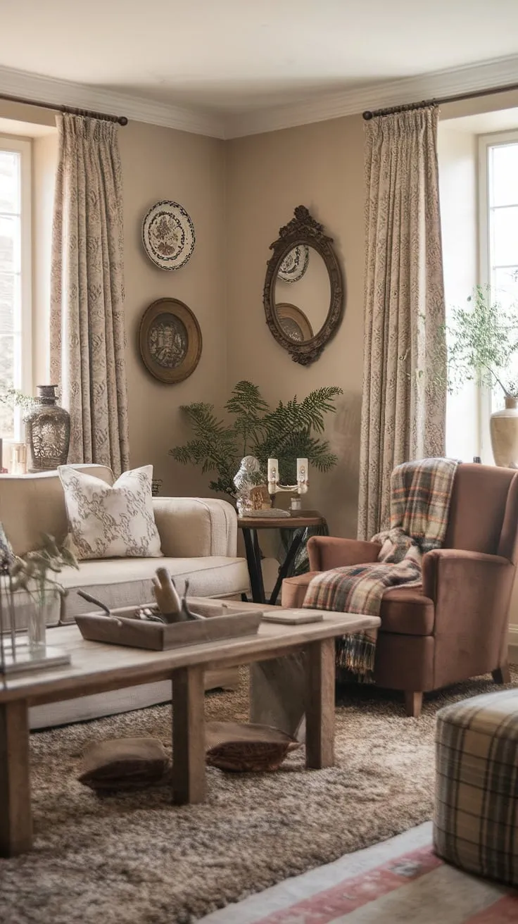 Elegant country living room design blends vintage farmhouse charm with modern French aesthetics