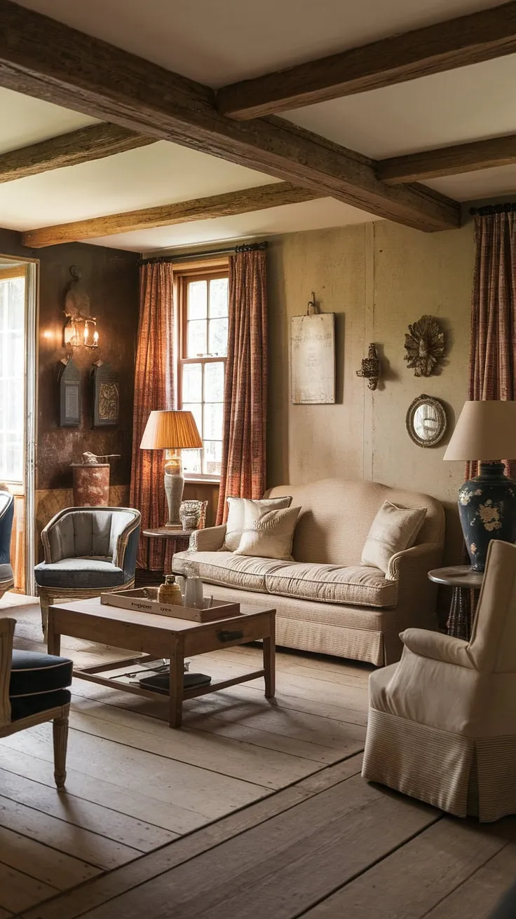 A vintage farmhouse living room exudes cozy charm with antique accents and warm lighting