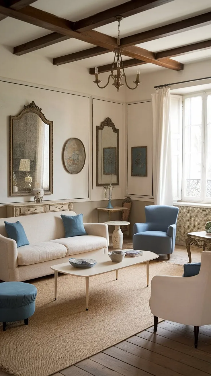 A sophisticated blend of antique and contemporary styles creates a serene French country living space.