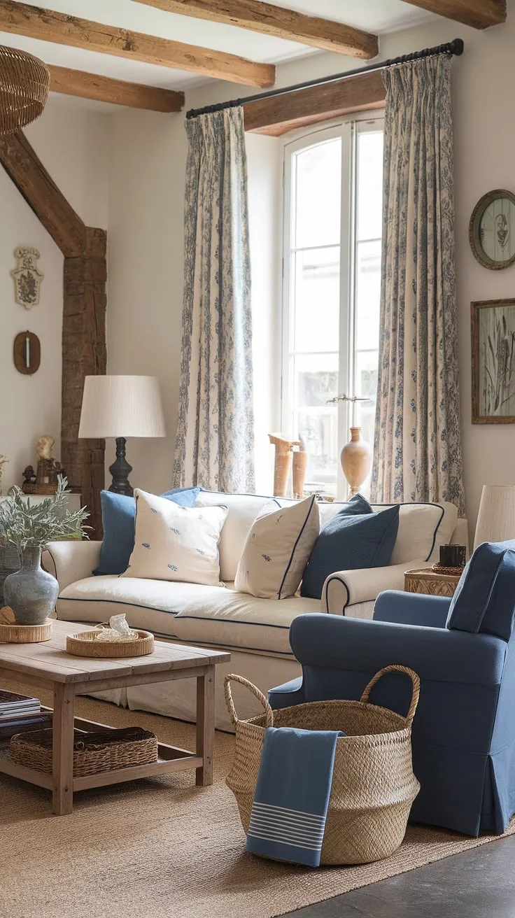 Elegant French country living blends vintage charm with modern comfort in a beige and blue palette