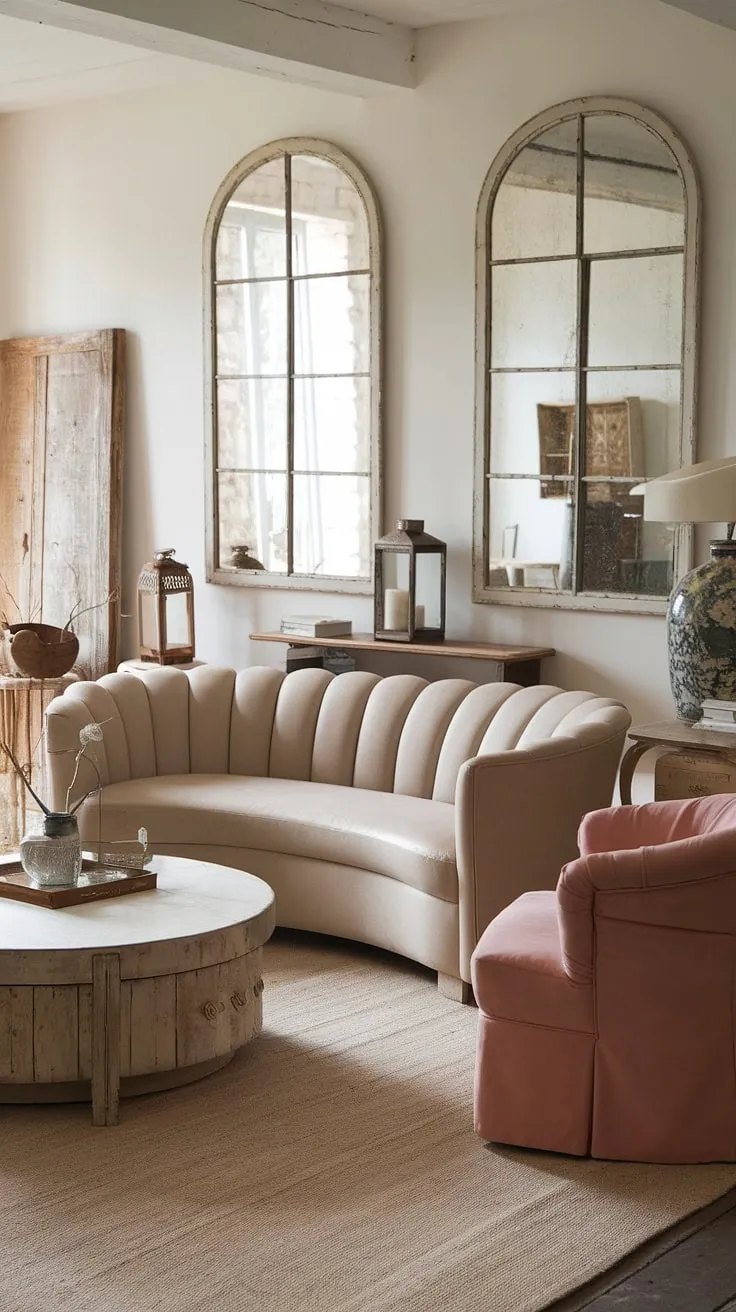 A cozy country living room blends vintage French style with contemporary design elements.
