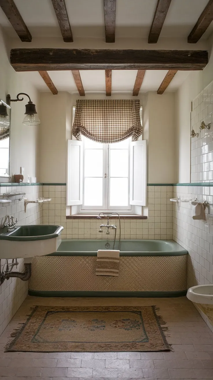 Escape to this idyllic British cottage bathroom, a haven of rustic charm and French country style.  The aged details, from the vintage bathtub to the checkered window, create a farmhouse bathroom feel, while the beige tiles and green accents add a touch of cottage bathroom elegance. This country bathroom is the perfect blend of rustic and refined.