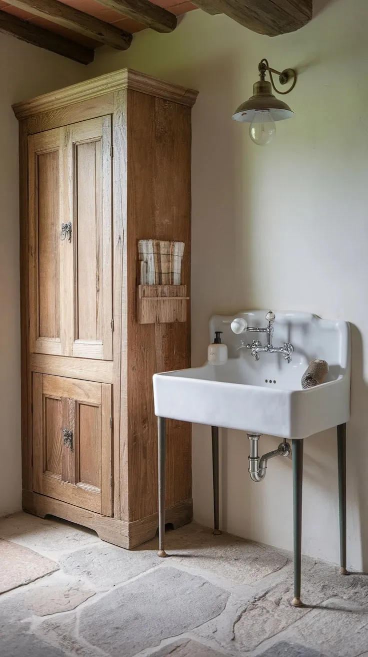 Escape to the serene atmosphere of this rustic bathroom, a delightful fusion of French country and British cottage styles.  The white sink and wooden cabinet create a farmhouse bathroom feel, while the stone floor adds a touch of country bathroom charm, making it the perfect cottage bathroom retreat.