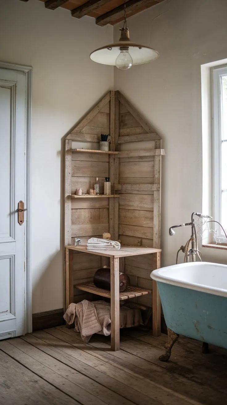 Step into the tranquility of this rustic bathroom, a charming blend of French country and British cottage styles.  The worn wooden floors and vintage lighting create a truly farmhouse feel, while the wooden shelving adds a touch of country charm.