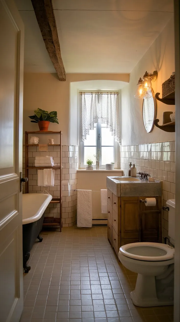 Step into tranquility in this charming bathroom, blending the best of French country, cottage, and farmhouse styles.  Rustic details and a touch of British cottage charm create a space that's both inviting and effortlessly elegant.