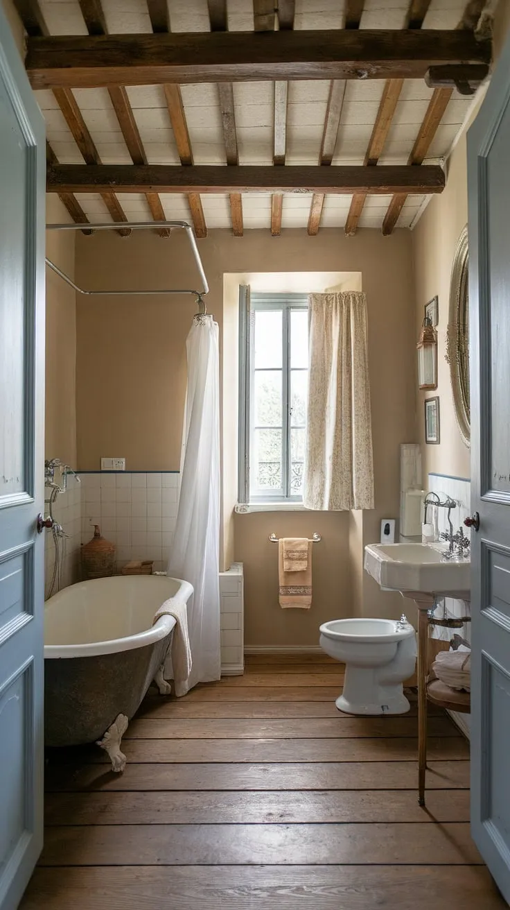 Step into the tranquility of this charming French country bathroom, a perfect blend of cottage and farmhouse styles.  The rustic details and British cottage influences create a serene and inviting space.