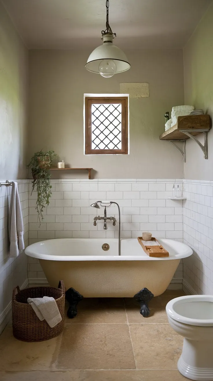 Step into a world of rustic elegance in this country bathroom.  This farmhouse bathroom, with its cottage-style design and French country influences, offers a peaceful retreat. The white-tiled walls and charming details evoke the spirit of a classic British cottage bathroom.