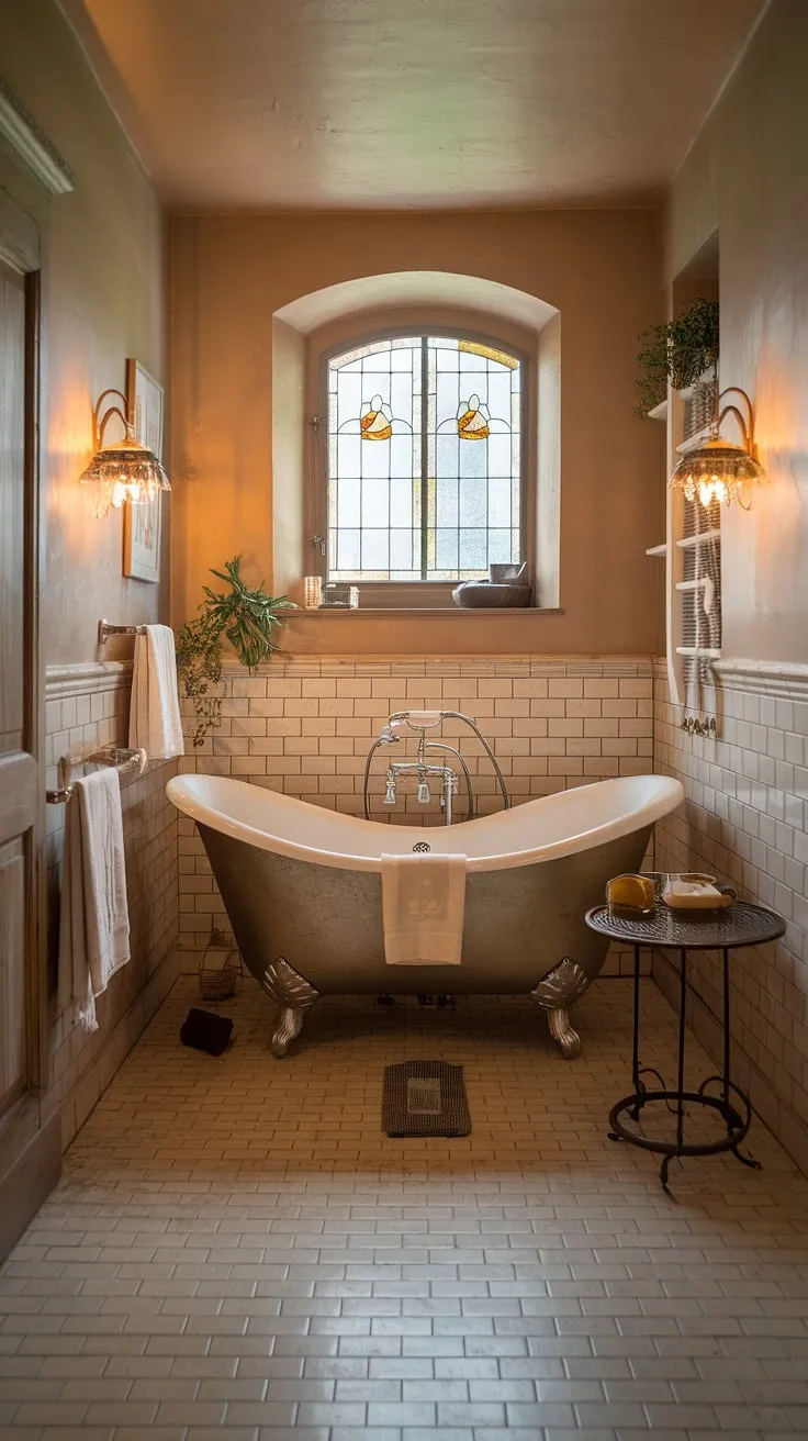 Escape to the idyllic charm of this rustic bathroom.  Blending French country, cottage, and farmhouse aesthetics, this British cottage bathroom offers a haven of peace and simple elegance.