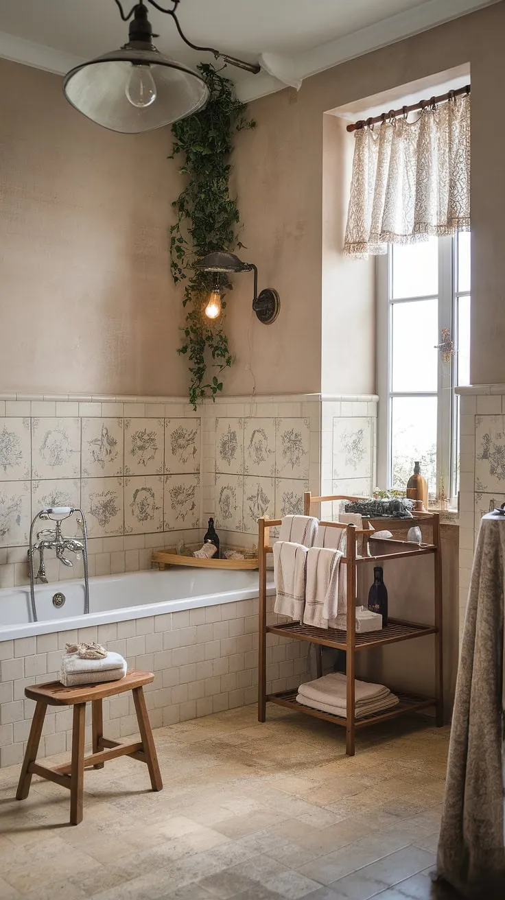 Escape to this idyllic rustic bathroom, where French country style meets British cottage coziness.  The white bathtub, wooden accents, and charming details create a farmhouse bathroom feel that's both sophisticated and utterly relaxing. This cottage bathroom is the epitome of country bathroom charm.