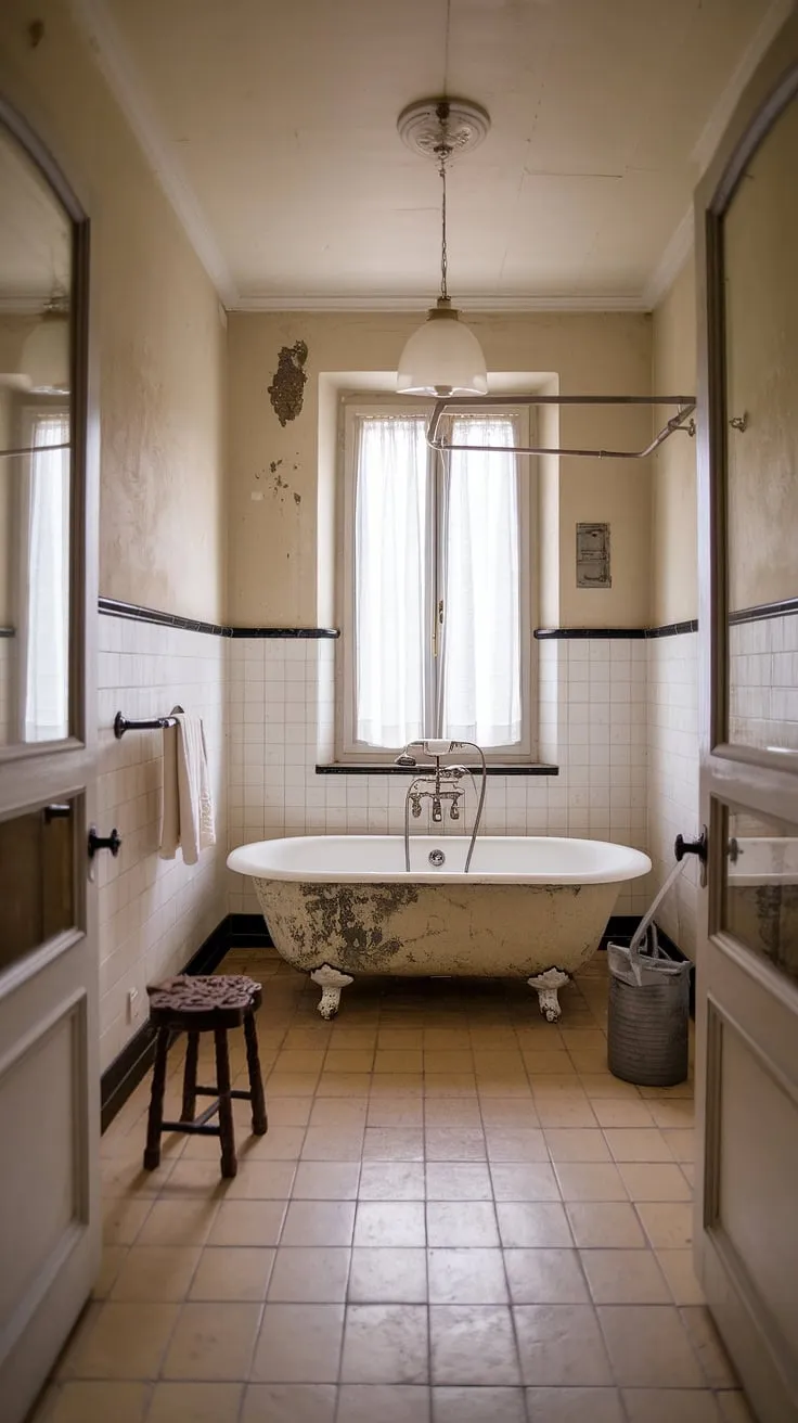 Escape to this idyllic British cottage bathroom, a delightful blend of French country bathroom style and farmhouse charm.  The rustic bathroom's worn surfaces and simple details create a space of quiet sophistication, a perfect country bathroom retreat where every element speaks of timeless elegance.