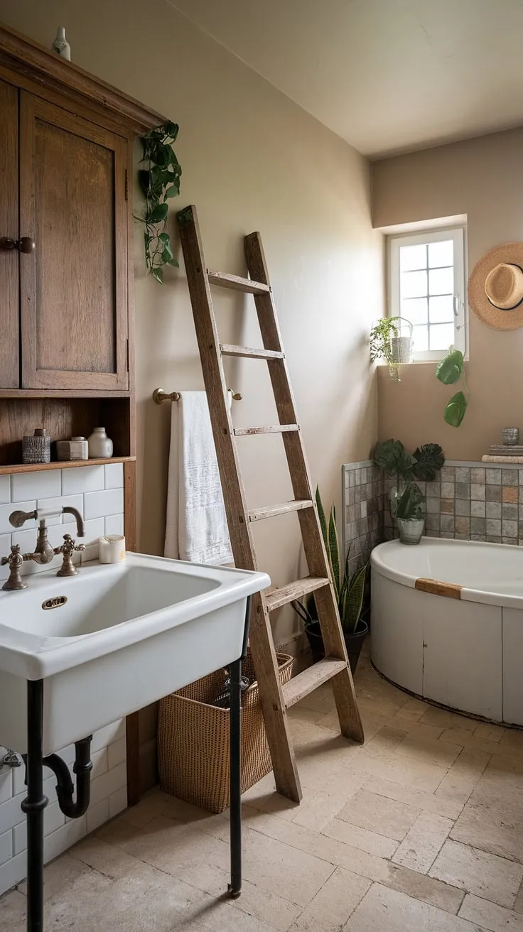This country bathroom seamlessly merges the rustic appeal of a farmhouse bathroom with the delicate charm of a British cottage bathroom.  The result is a French country bathroom that's both inviting and utterly serene.