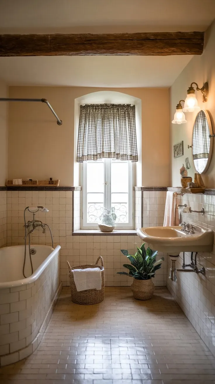 Escape to the idyllic charm of this country bathroom.  Its rustic elegance, blending French country and British cottage aesthetics, makes it the perfect farmhouse retreat.