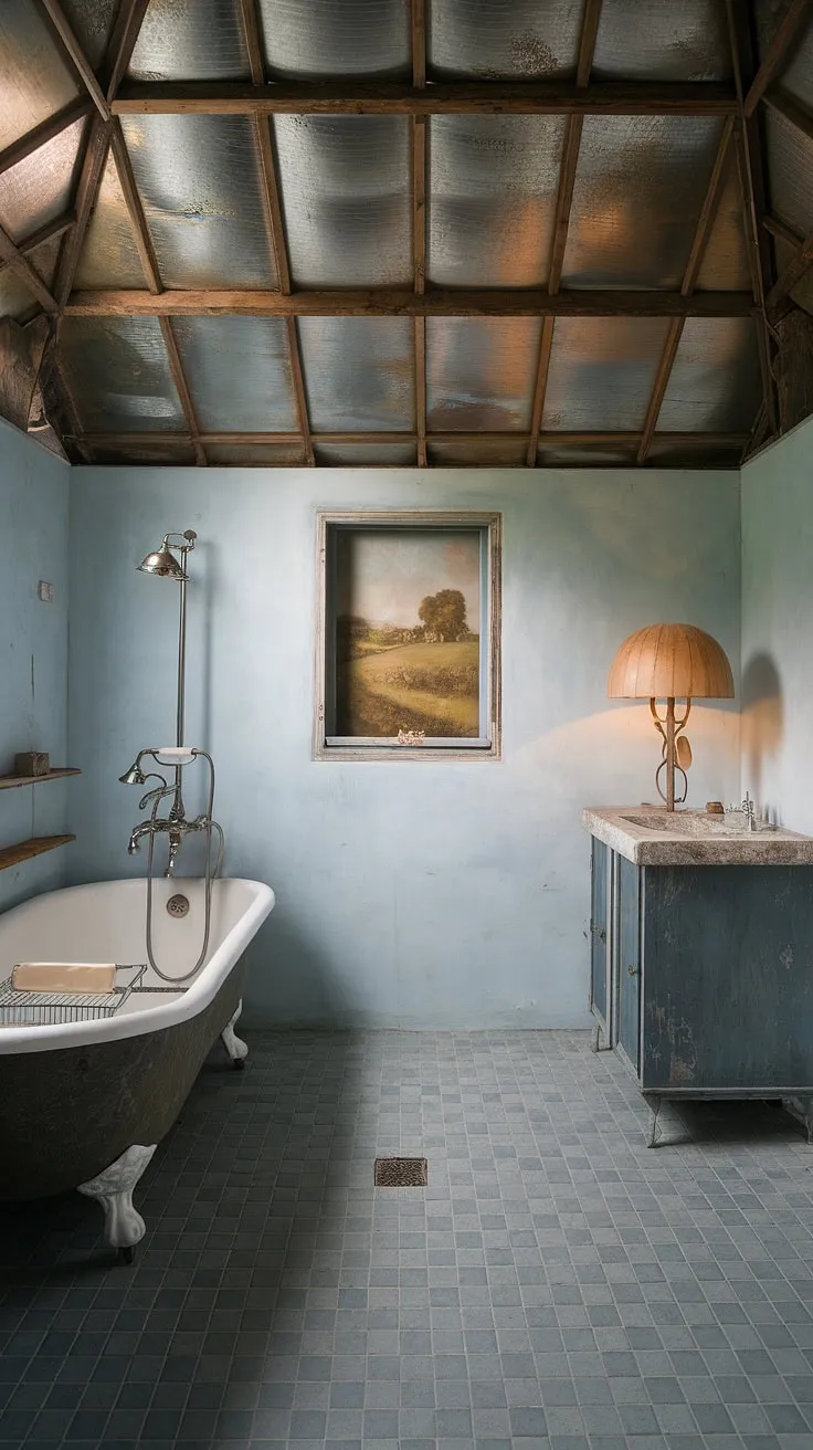Step into the tranquility of this French country bathroom, a charming blend of cottage and farmhouse styles.  The rustic details and British cottage influences create a space of serene beauty.