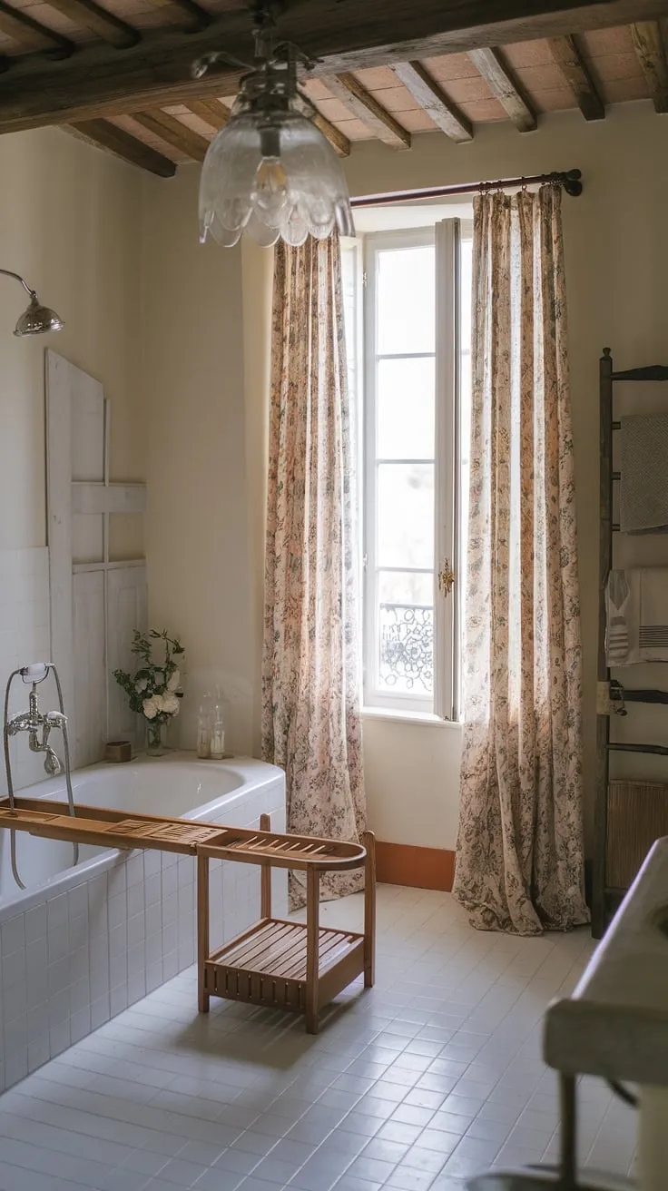 Step into the tranquility of this charming French country bathroom, a perfect blend of rustic elegance and cottage charm. The vintage light fixture and wooden rack add to the farmhouse bathroom's cozy atmosphere, while the floral window curtain brings a touch of British cottage bathroom style to this delightful country bathroom space.  This rustic bathroom is a dream come true.