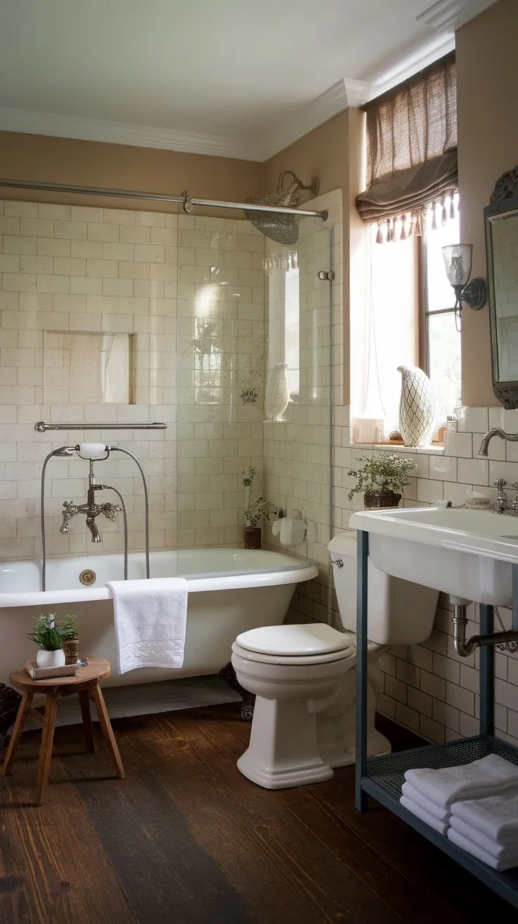 This rustic bathroom effortlessly blends the best of British cottage and French country styles.  Imagine relaxing in this idyllic country bathroom, a haven of farmhouse charm with its simple yet sophisticated details.  The perfect cottage bathroom escape.
