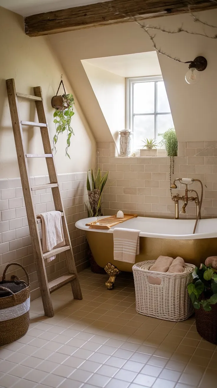 Step into tranquility in this charming bathroom, blending the best of French country, cottage, and farmhouse styles.  Rustic details and a touch of British cottage charm create a space that's both inviting and effortlessly elegant.