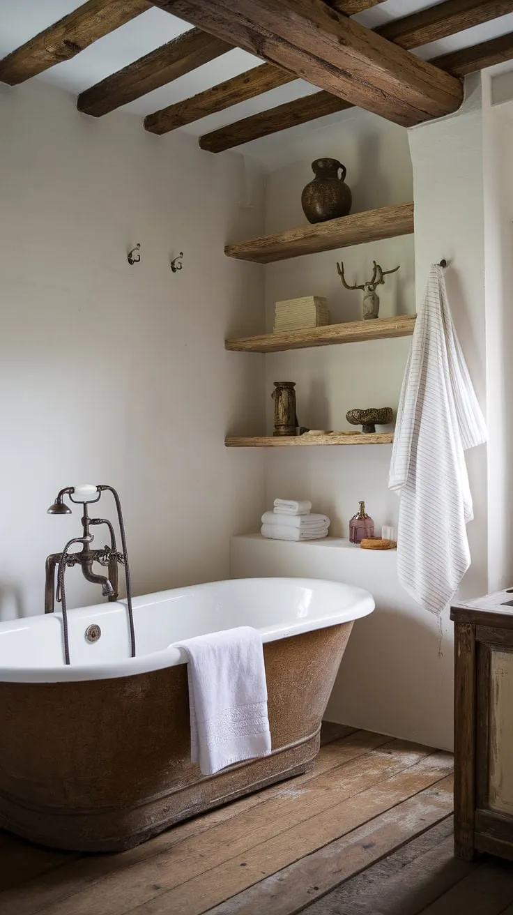 This country bathroom effortlessly blends French country and British cottage styles, creating a rustic farmhouse haven.  The result is a serene and inviting space, perfect for a relaxing escape.