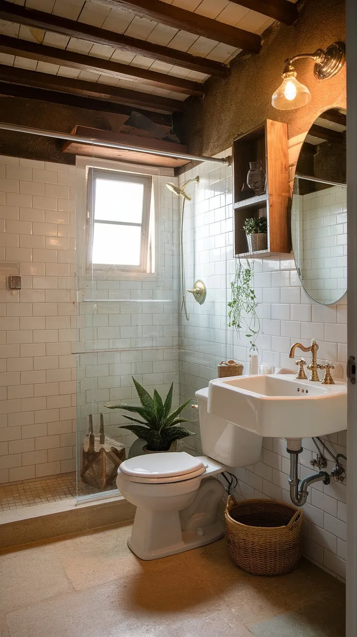Step into the tranquility of this charming French country bathroom, a perfect blend of cottage and farmhouse styles.  The rustic details and British cottage influences create a space of serene beauty.