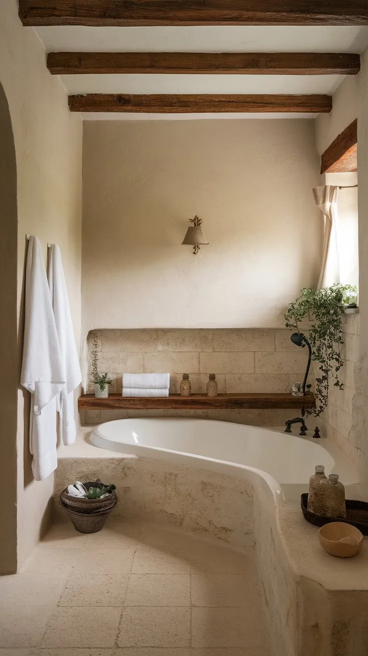 Escape to the idyllic charm of this rustic bathroom.  Blending the best of French country, cottage, and farmhouse aesthetics, this British cottage-inspired space offers a serene and welcoming atmosphere.