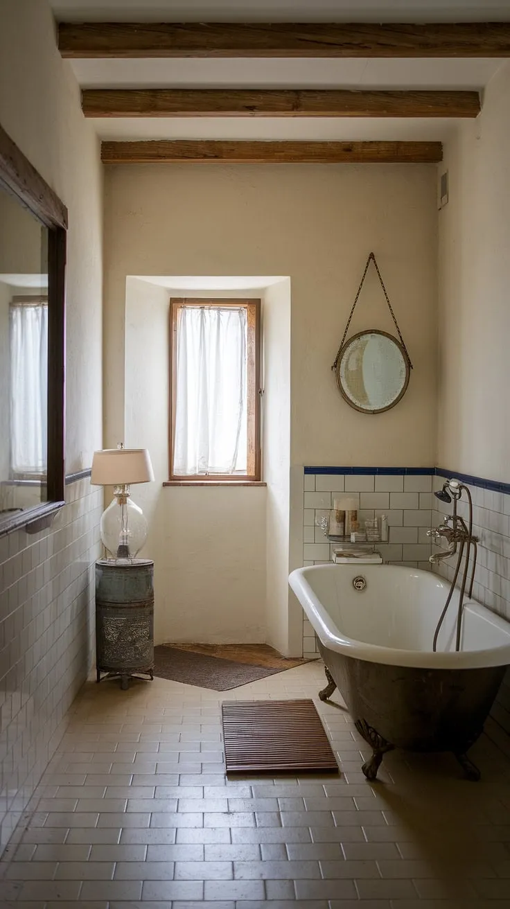 Step into tranquility in this charming bathroom, blending the best of French country, cottage, and farmhouse styles.  Rustic details and a touch of British cottage charm create a space that's both elegant and inviting.