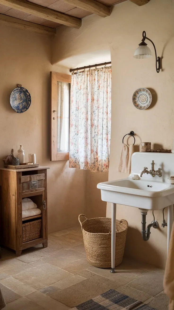 Step into the tranquility of this French country bathroom, a charming blend of cottage and farmhouse styles.  The rustic details and British cottage influences create a space that's both inviting and effortlessly elegant.  A true country bathroom escape.