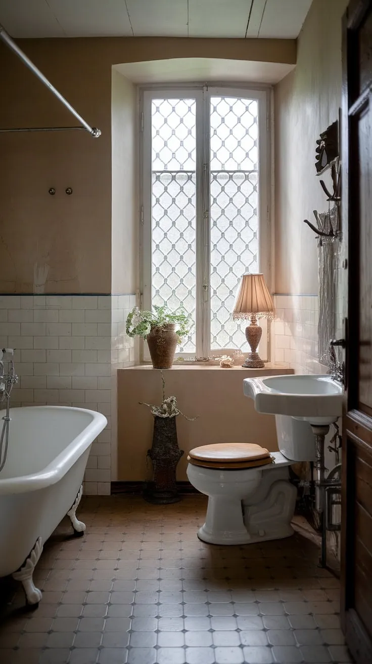 Step into tranquility in this charming French country bathroom.  The rustic details, from the clawfoot tub to the patterned window, create a serene cottage bathroom escape, perfect for a relaxing soak. This farmhouse bathroom's blend of British cottage bathroom elegance and country bathroom simplicity is truly captivating.