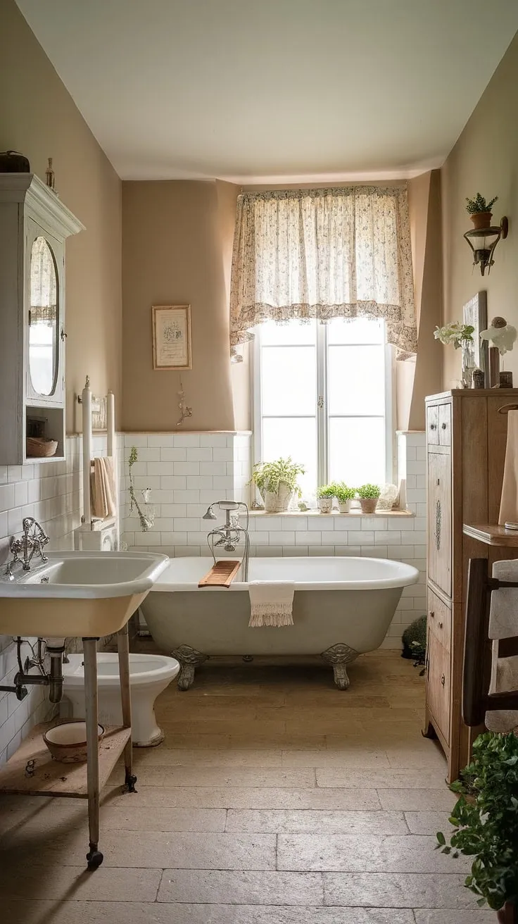 Step into tranquility in this charming bathroom, blending the best of French country, cottage, and farmhouse styles.  Rustic details and a touch of British cottage charm create a space that's both inviting and effortlessly elegant.