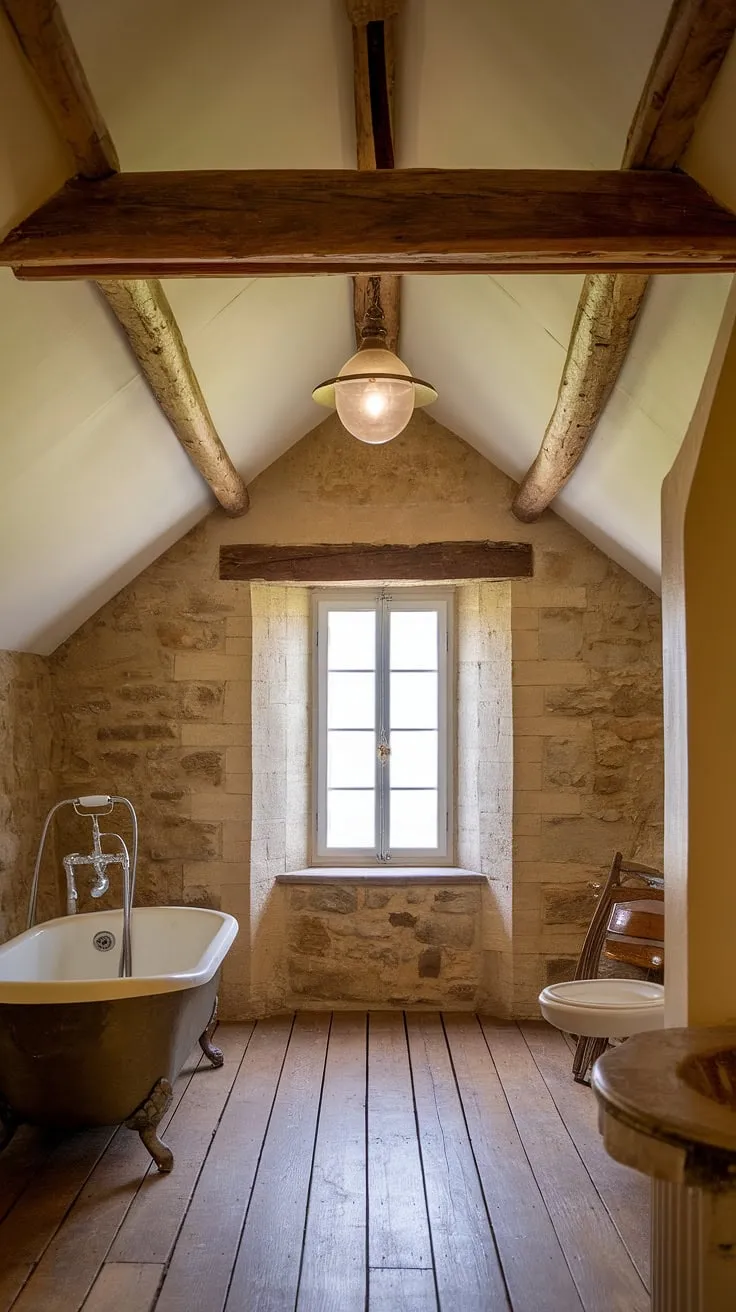 Escape to this charming French country bathroom, where rustic stone walls and a weathered wooden beam create the perfect backdrop for a relaxing soak in the clawfoot tub.  The vintage fixtures and simple window add to the cottage bathroom's undeniable appeal, a true testament to country bathroom design. This farmhouse bathroom effortlessly blends British cottage bathroom charm with rustic bathroom elegance.