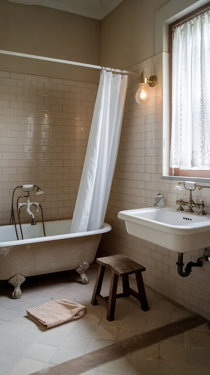 Step into tranquility. This French country bathroom, with its cottage charm and rustic details, evokes the peaceful atmosphere of a British cottage.  The farmhouse aesthetic blends seamlessly with the overall country bathroom feel, creating a space of simple elegance and understated luxury.