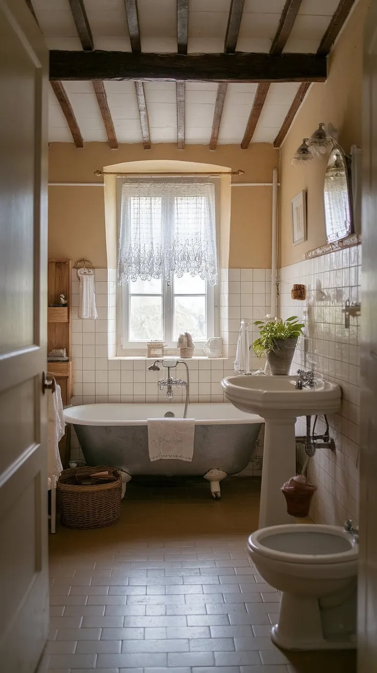 Escape to the idyllic charm of this rustic bathroom.  Blending French country, cottage, and farmhouse aesthetics, this British cottage bathroom offers a haven of peace and simple elegance.