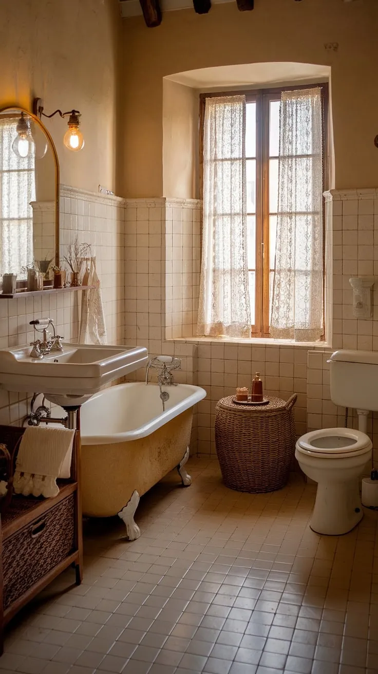 Step into the tranquility of this French country bathroom, a charming blend of cottage and farmhouse styles.  The rustic details and British cottage influences create a truly inviting and peaceful retreat.