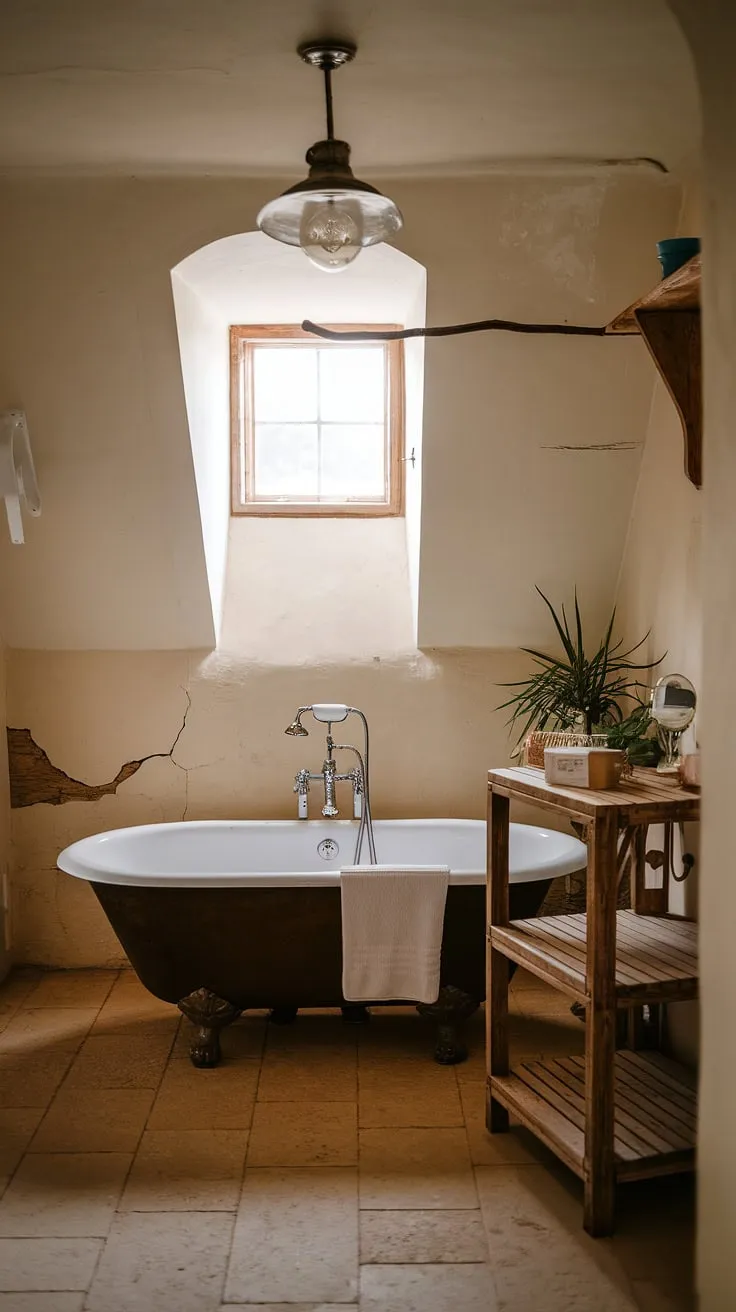 Step into the tranquility of this charming bathroom, a perfect blend of French country and British cottage styles.  The rustic details and farmhouse feel create a space that's both elegant and inviting, a true country bathroom escape.