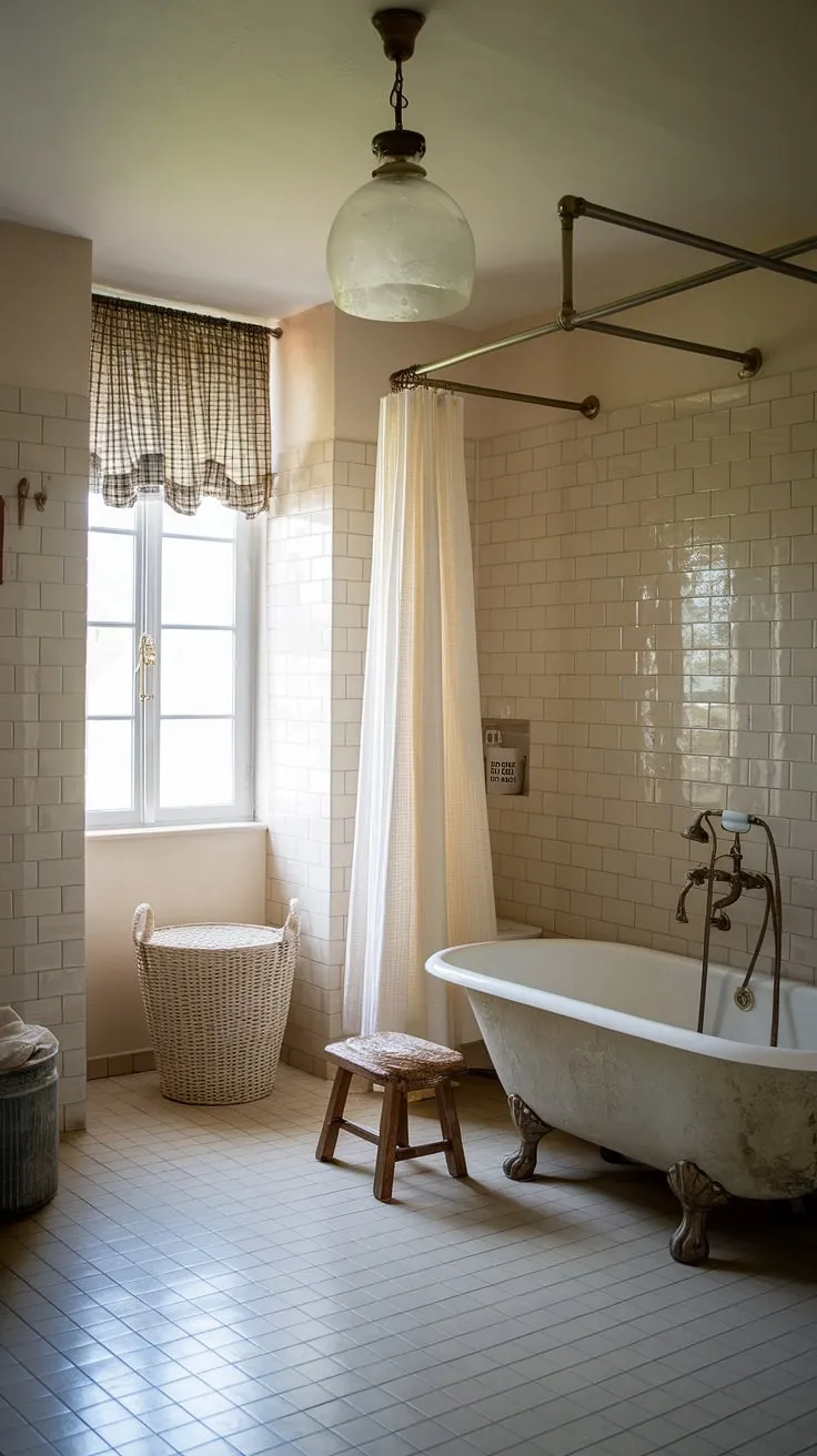 This rustic bathroom embodies the spirit of a French country cottage.  The aged details and simple design create a serene farmhouse bathroom atmosphere, while the vintage fixtures add a touch of British cottage bathroom sophistication.  A perfect example of a country bathroom done right.
