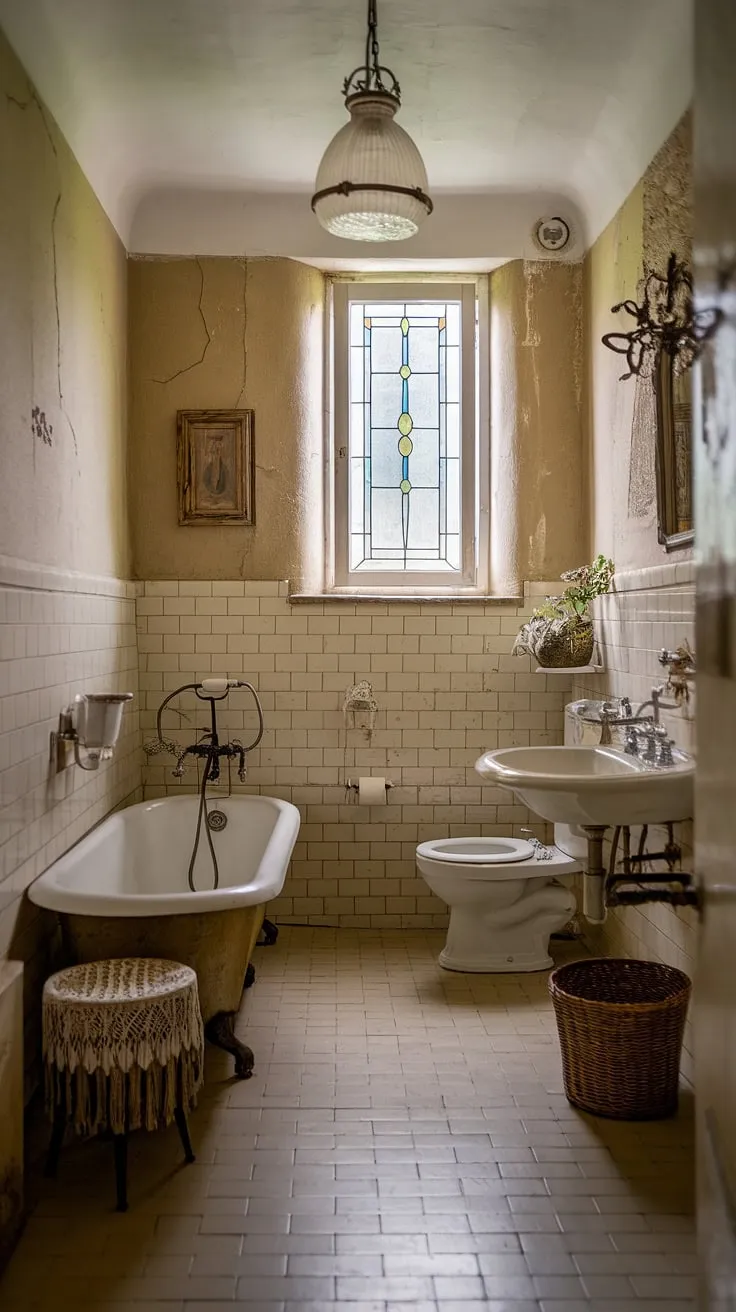 Step back in time in this charming French country bathroom, where rustic elegance meets cottage coziness.  The aged walls and vintage fixtures whisper tales of simpler times, creating a truly tranquil farmhouse bathroom escape. This British cottage bathroom-inspired space blends seamlessly with country bathroom charm.