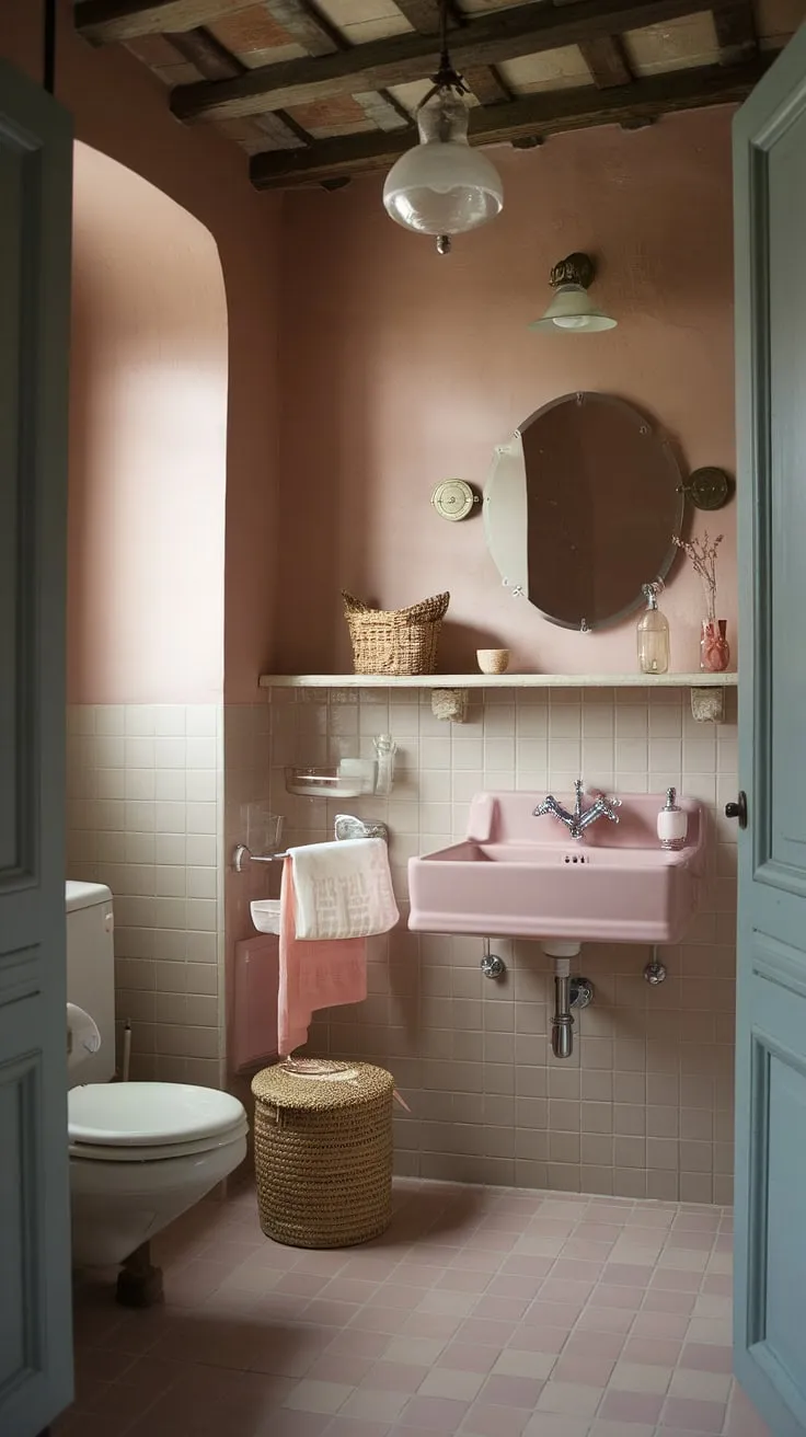 This rustic bathroom effortlessly blends the best of British cottage and French country styles.  Imagine relaxing in this idyllic country bathroom, a haven of farmhouse charm with its simple yet sophisticated details.  A true cottage bathroom escape.