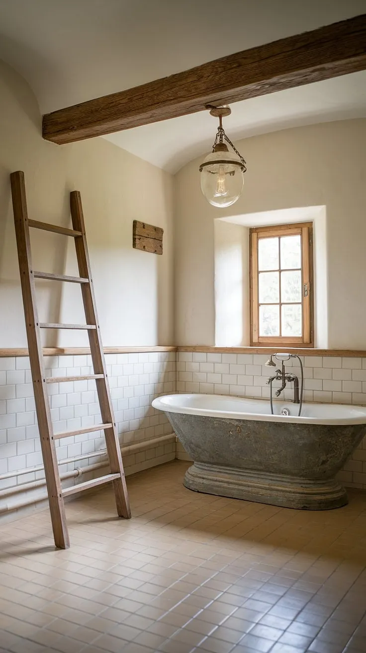 Step into the tranquility of this charming French country bathroom, a perfect blend of cottage and farmhouse styles.  The rustic details and British cottage influences create a space of serene beauty.