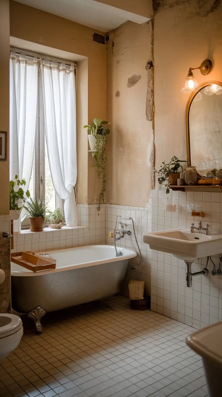Step into the tranquility of this charming French country bathroom, a perfect blend of cottage and farmhouse styles.  The rustic details and British cottage influences create a space of serene beauty.