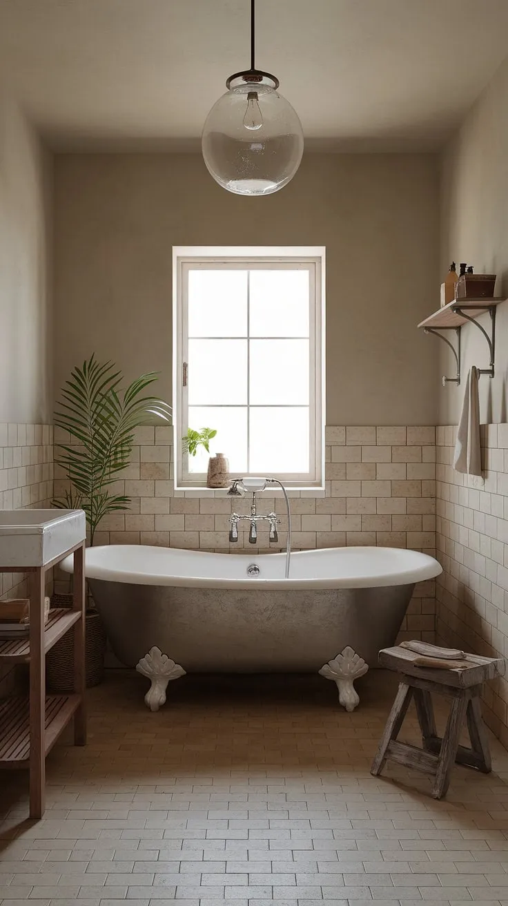 Escape to this idyllic rustic bathroom, a haven of calm inspired by French country and British cottage styles.  The beige tiles, clawfoot tub, and simple window create a peaceful farmhouse bathroom atmosphere.  This cottage bathroom, with its thoughtful wooden details, is the perfect blend of country bathroom charm and refined simplicity.
